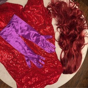 Red Sequin Dress with Purple Gloves Jessica Rabbit Costume Bundle